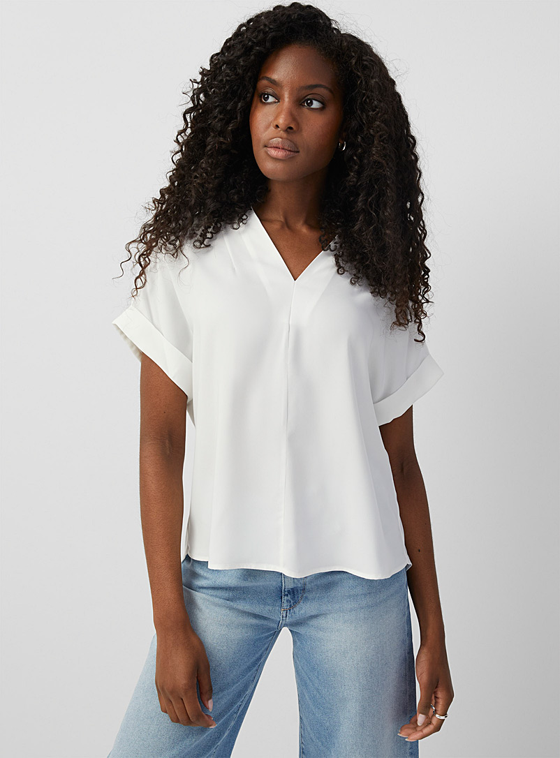 Contemporaine White Cuffed-sleeve fluid blouse for women