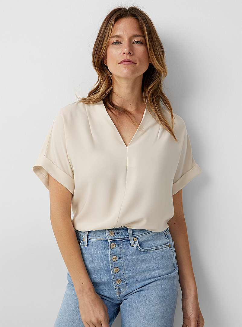 Contemporaine Ecru/Linen Cuffed-sleeve fluid blouse for women