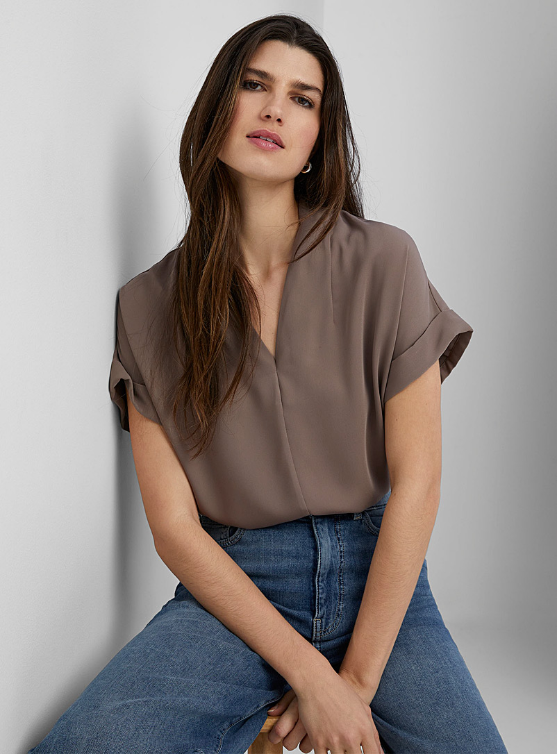 Contemporaine Light Brown Cuffed-sleeve fluid blouse for women
