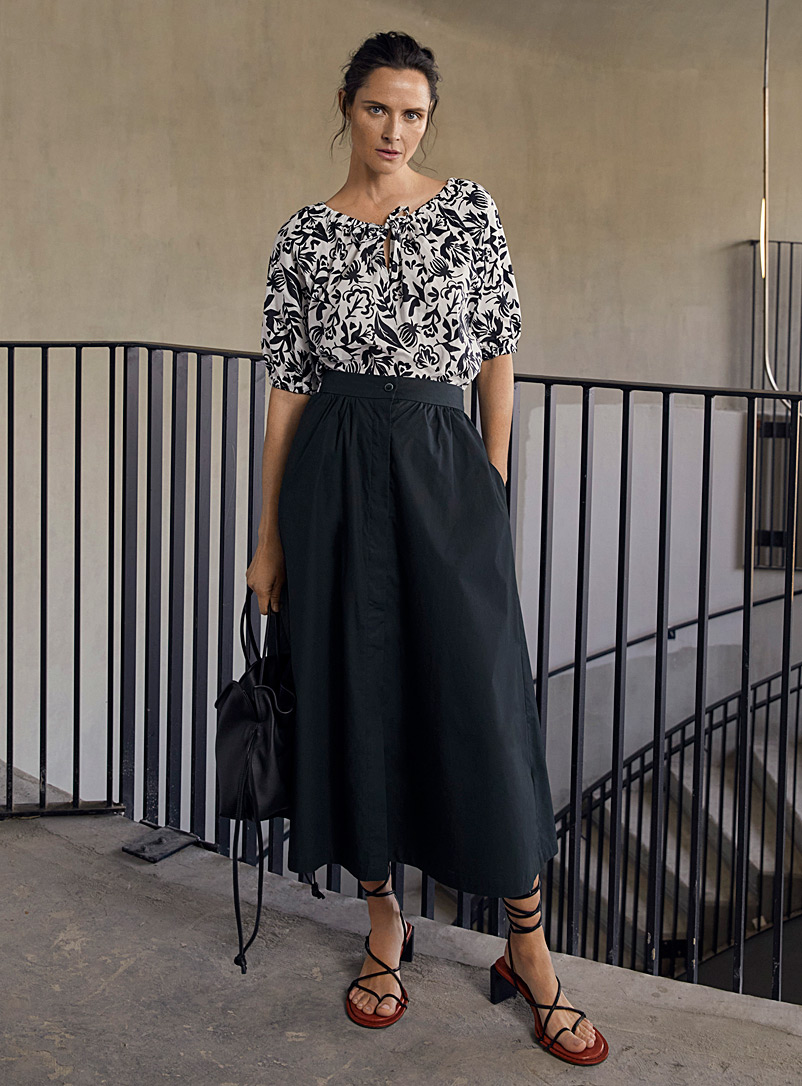 Contemporaine Black Flared poplin midi skirt for women