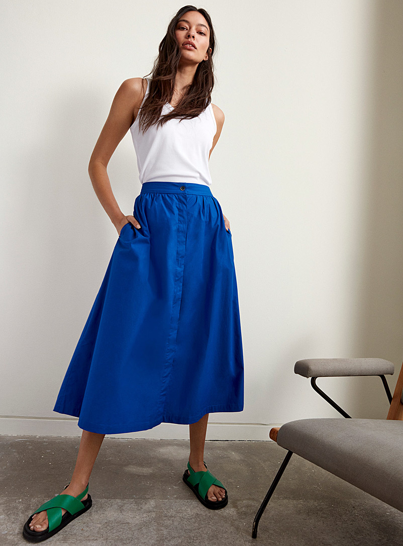 Contemporaine Sapphire Blue Flared poplin midi skirt for women