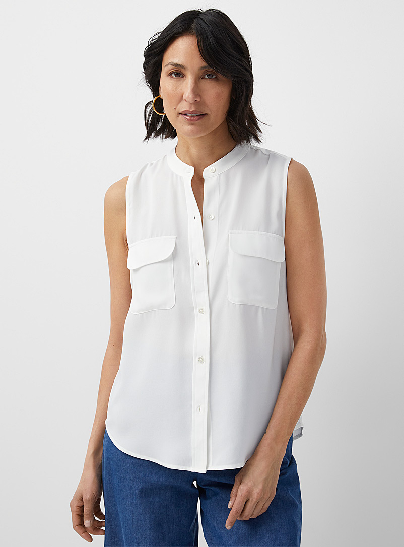 Contemporaine Ivory White Sleeveless flap pocket blouse for women