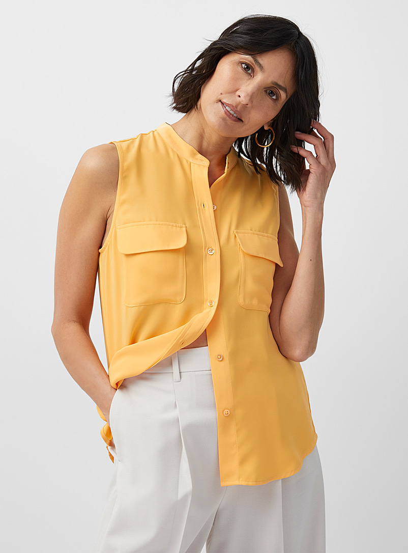 Contemporaine Light Orange Sleeveless flap pocket blouse for women