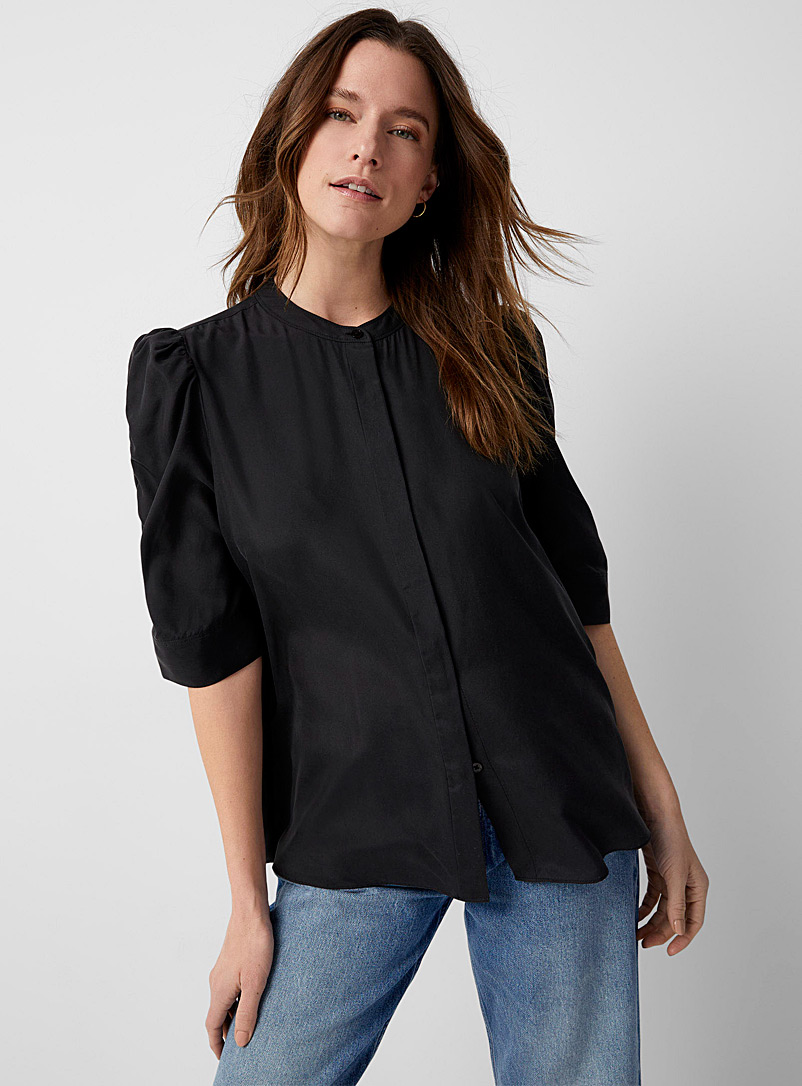 Contemporaine Black Ruched sleeves pure silk shirt for women