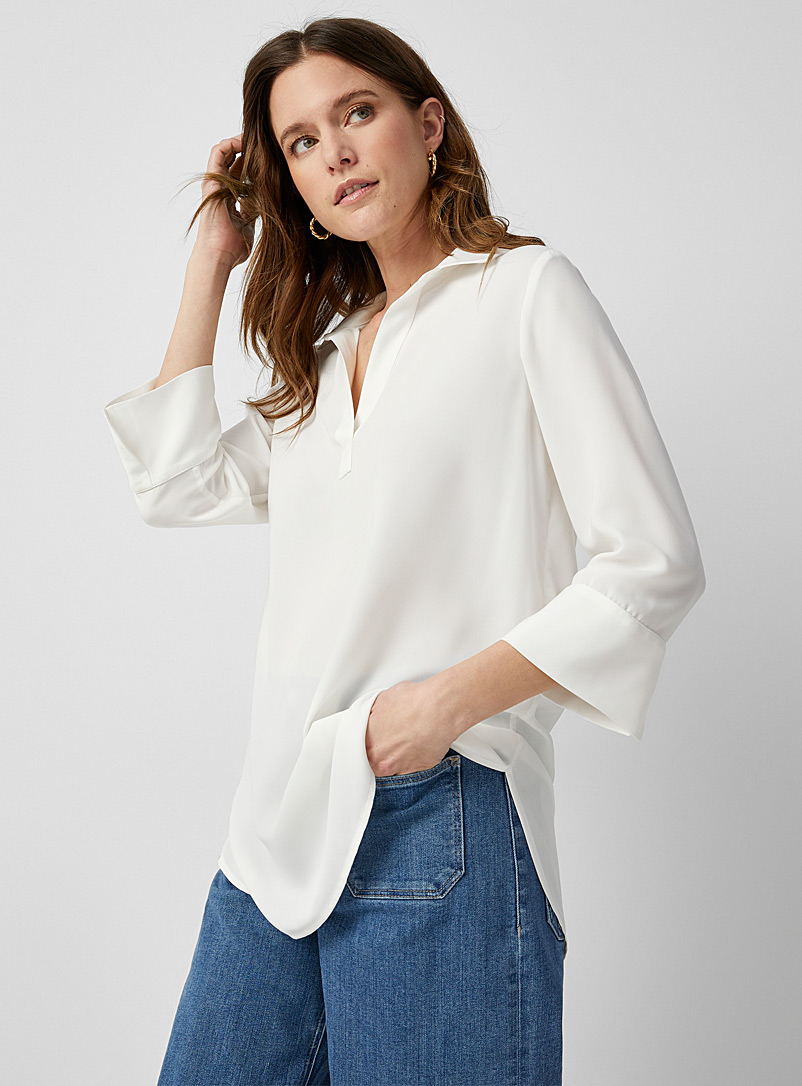 Contemporaine Ivory White Johnny collar fluid blouse for women
