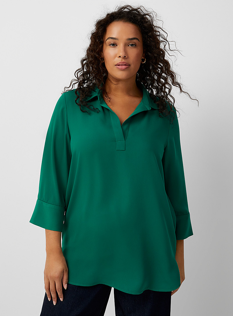 Contemporaine: La blouse fluide col Johnny Vert foncé-mousse-olive pour femme