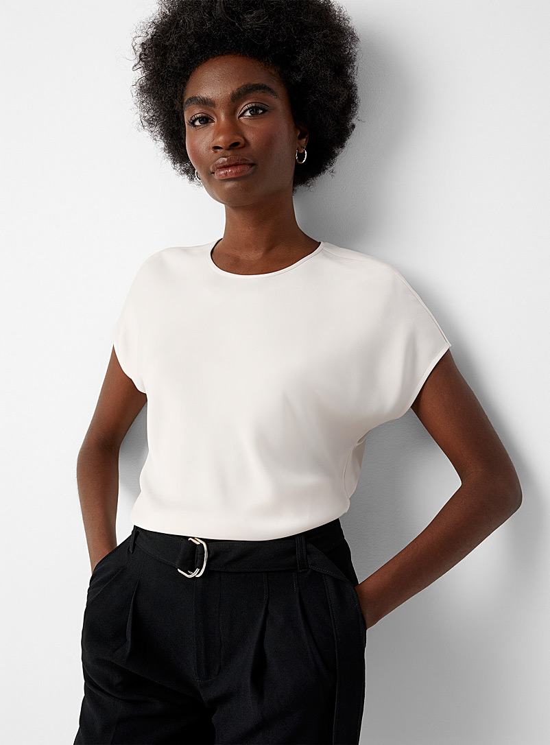Contemporaine Cream Beige Satiny cap-sleeve blouse for women