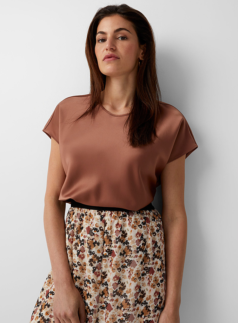 Contemporaine Brown Satiny cap-sleeve blouse for women