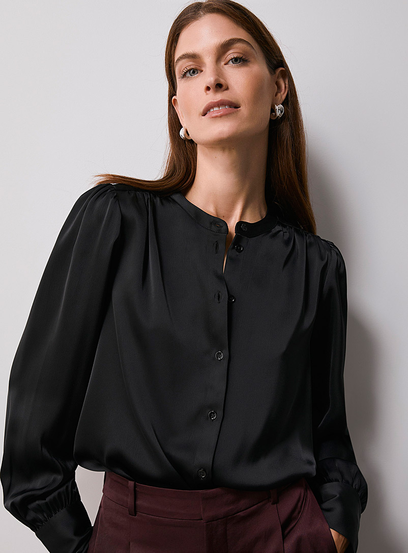 Contemporaine Black Puff sleeves satiny shirt for women