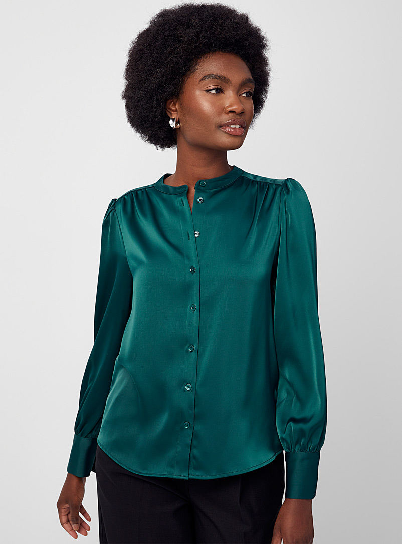 Contemporaine Teal Puff sleeves satiny shirt for women