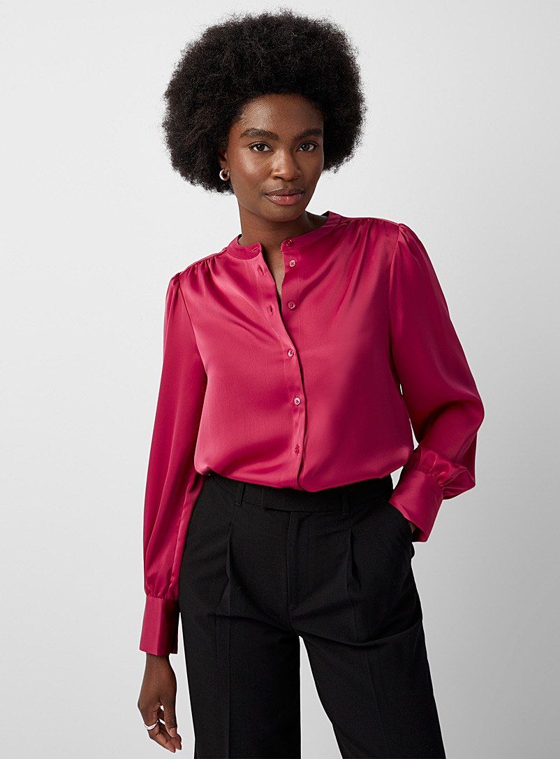 Contemporaine Fuchsia Puff sleeves satiny shirt for women