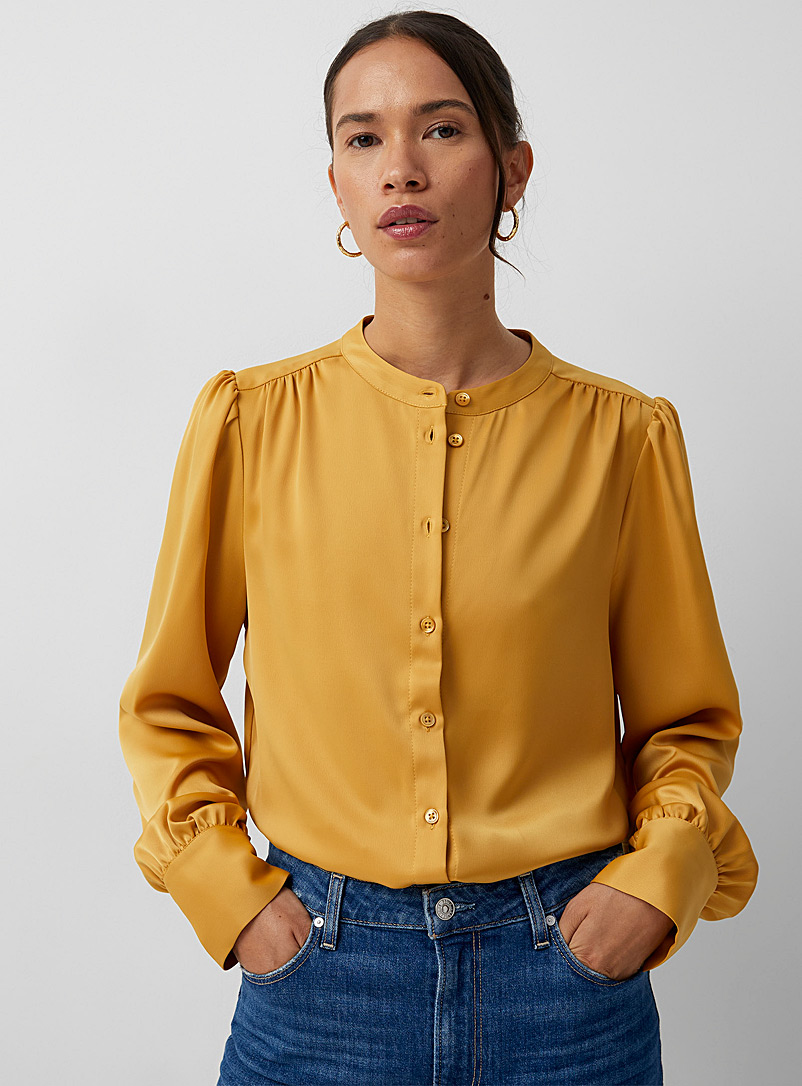 Contemporaine Dark Yellow Puff sleeves satiny shirt for women