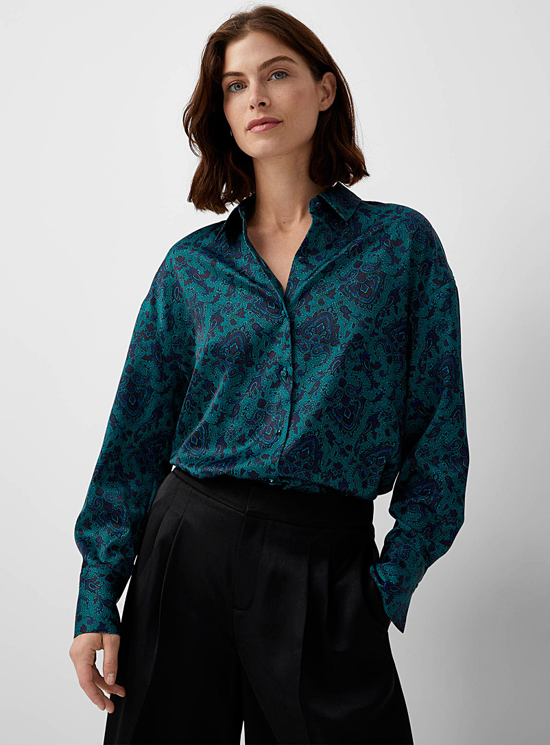 Contemporaine Teal Covered buttons satiny shirt for women