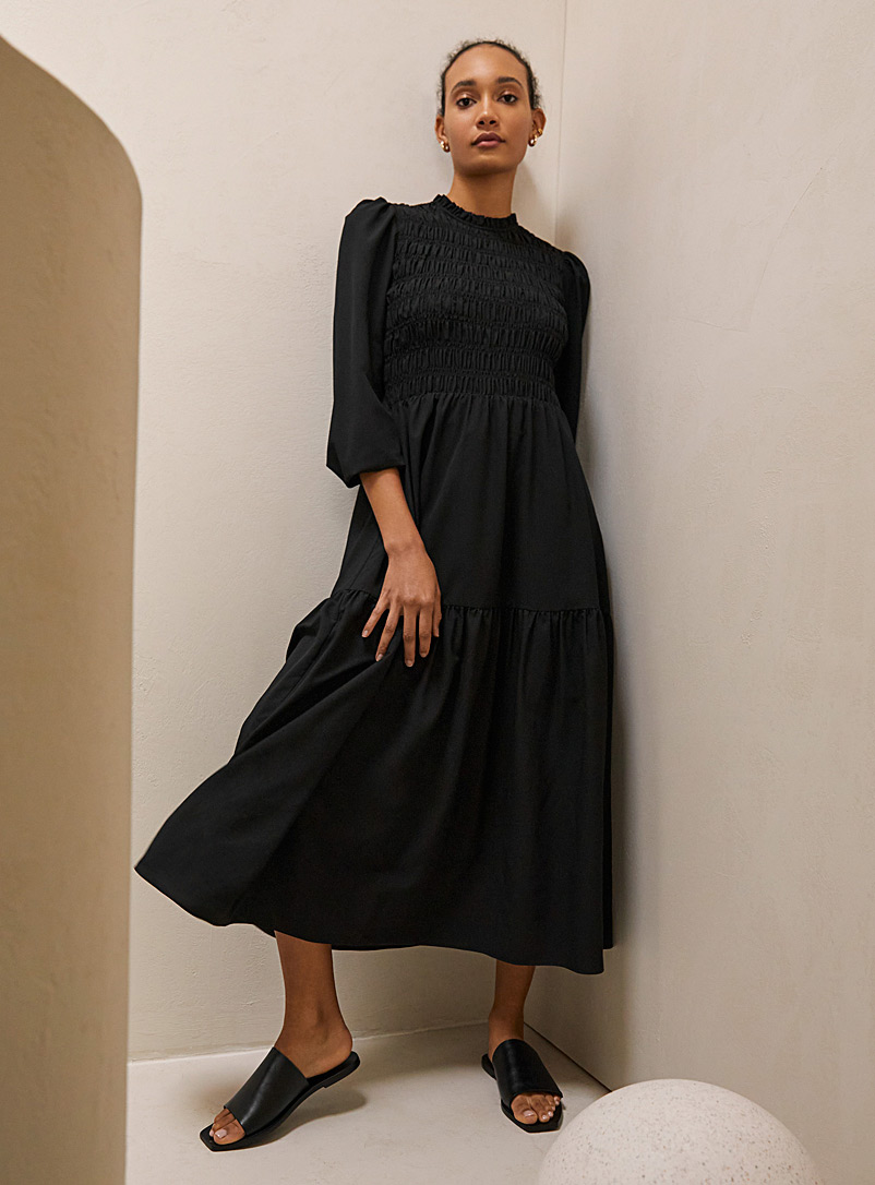 Contemporaine Black Smocked crepe maxi dress for women