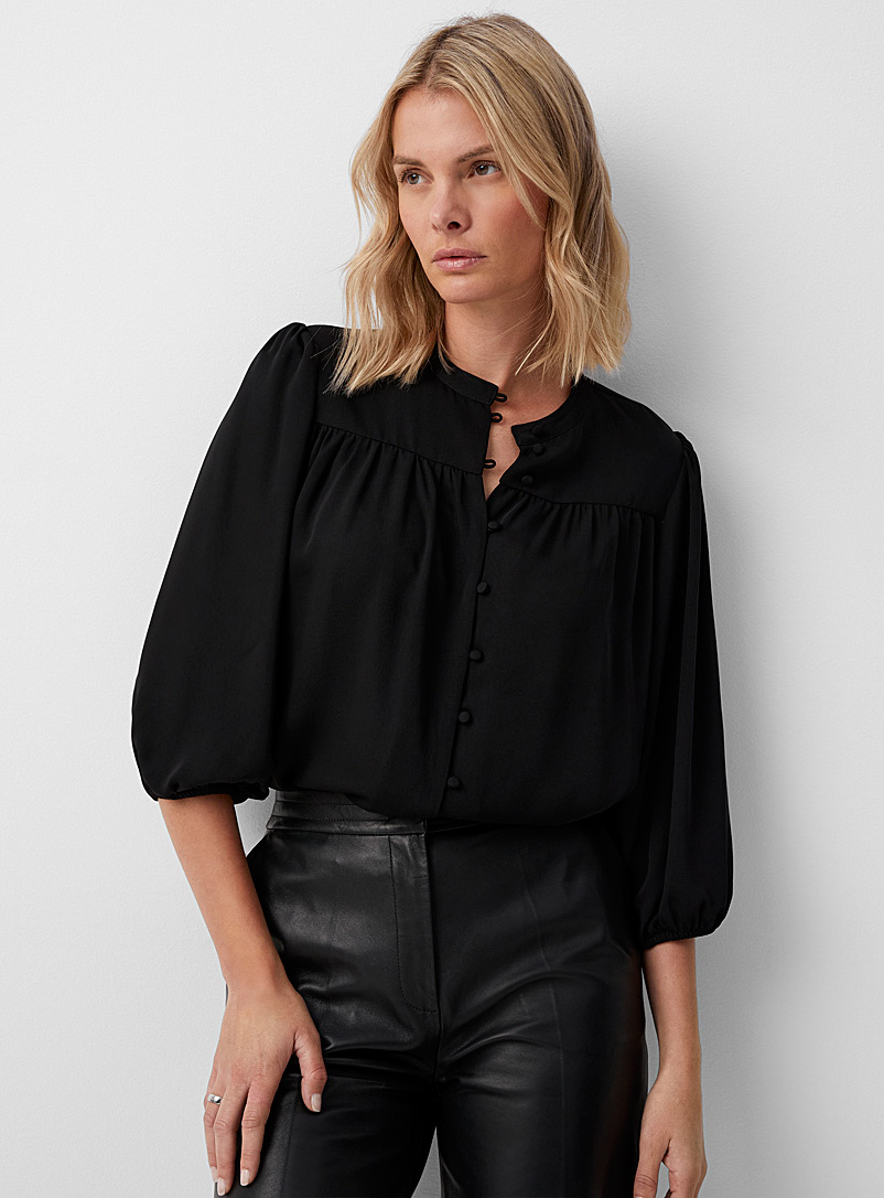 Contemporaine Black Puff-sleeve ruched blouse for women