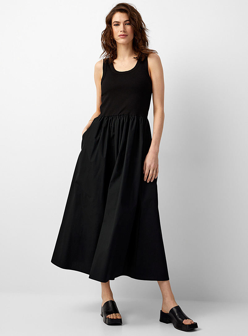 Contemporaine Black Dual-material fit-and-flare dress for women