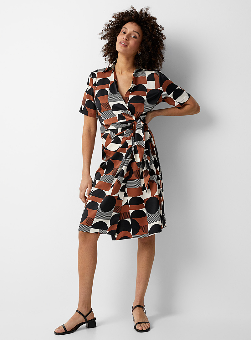 Contemporaine Patterned Black Satiny Johnny collar wrap dress for women