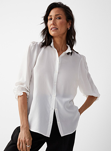 Contemporaine Ivory White Ruffled pure silk blouse for women