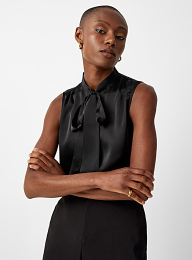 Contemporaine Black Tie-neck satiny blouse for women