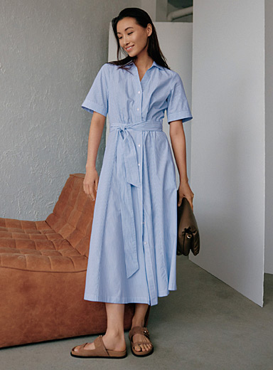Contemporaine Patterned Blue Striped belted shirtdress for women