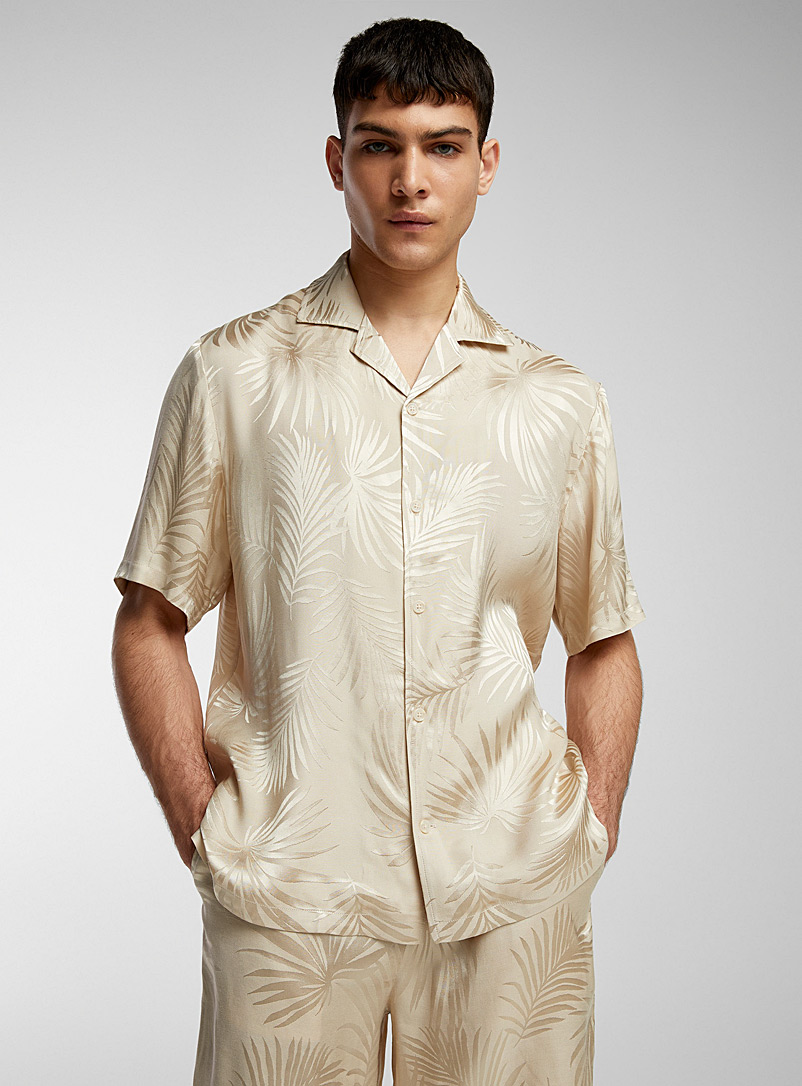 Le 31 Ivory/Cream Beige Satiny foliage camp shirt Comfort fit for men