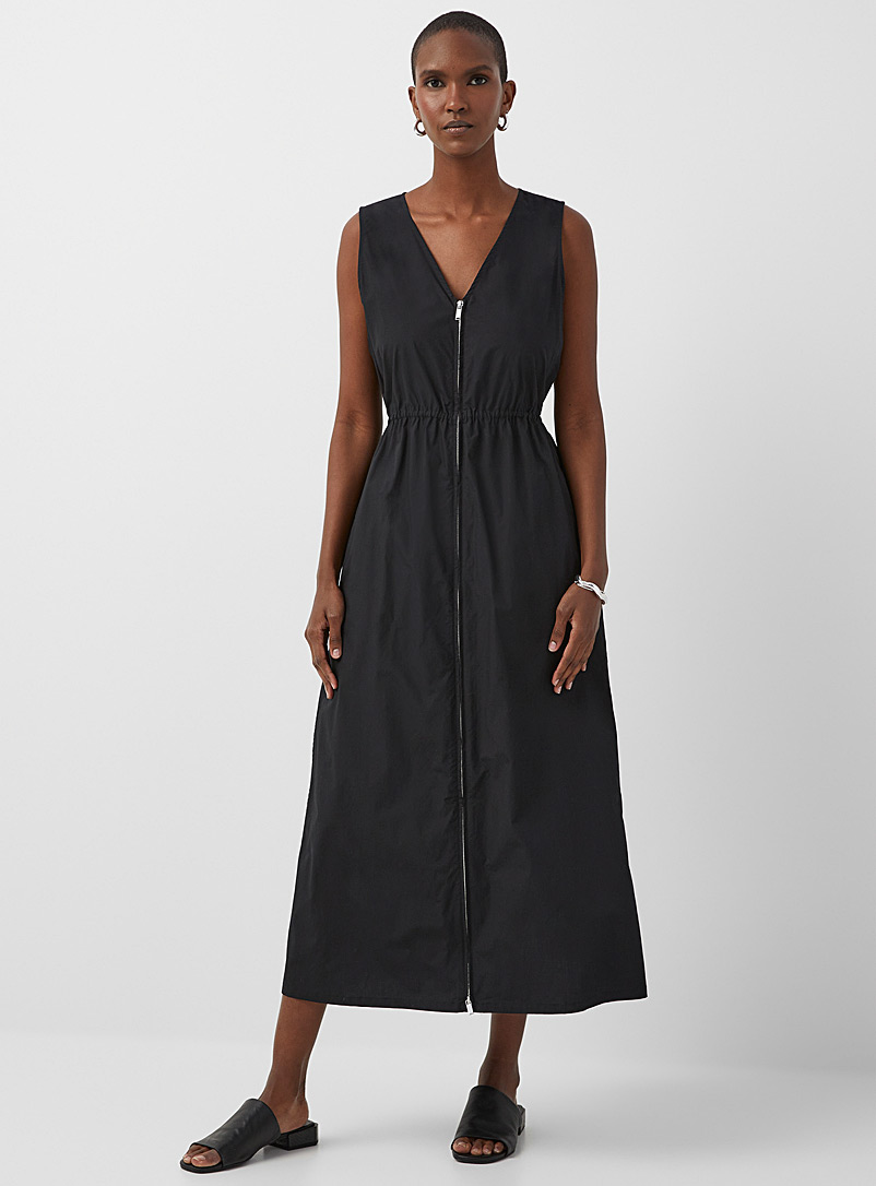 Contemporaine Black Cinched-waist zip-up poplin dress for women