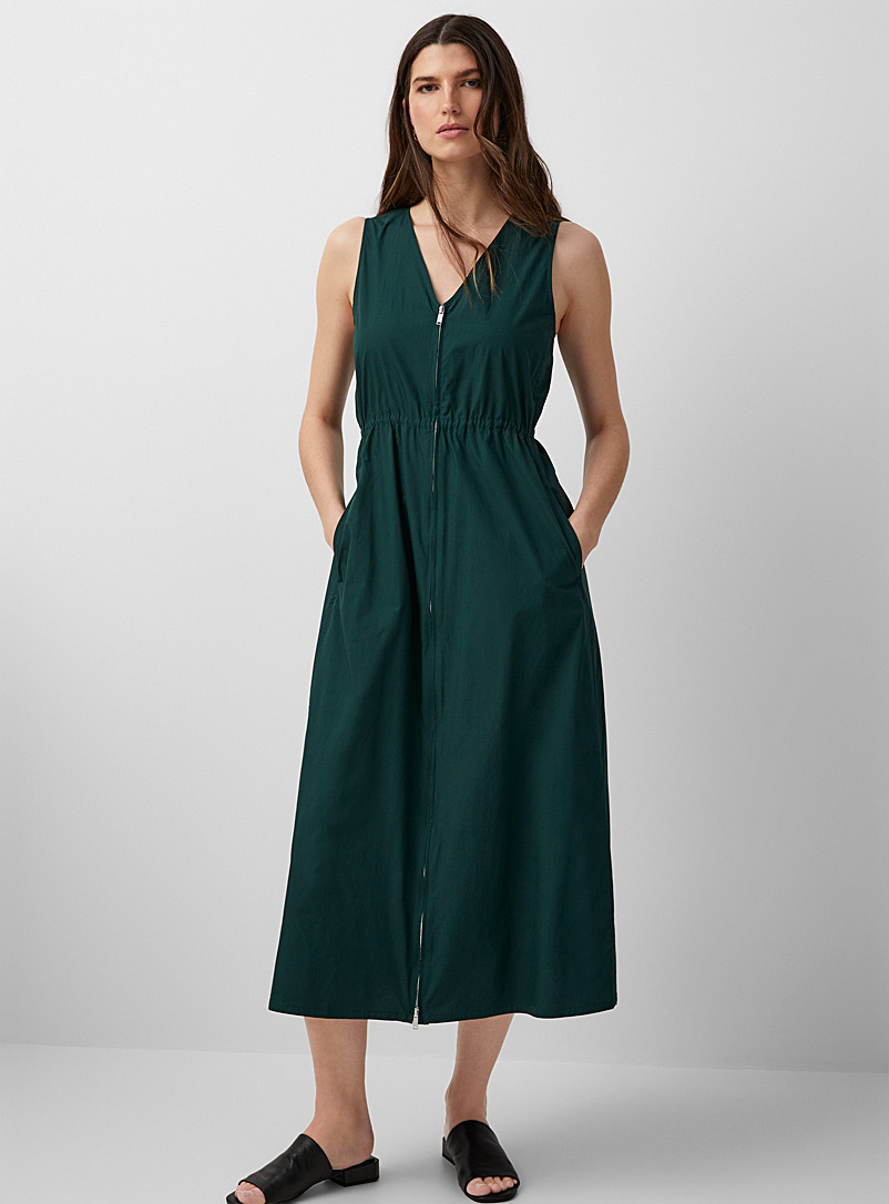 Contemporaine Mossy Green Cinched-waist zip-up poplin dress for women