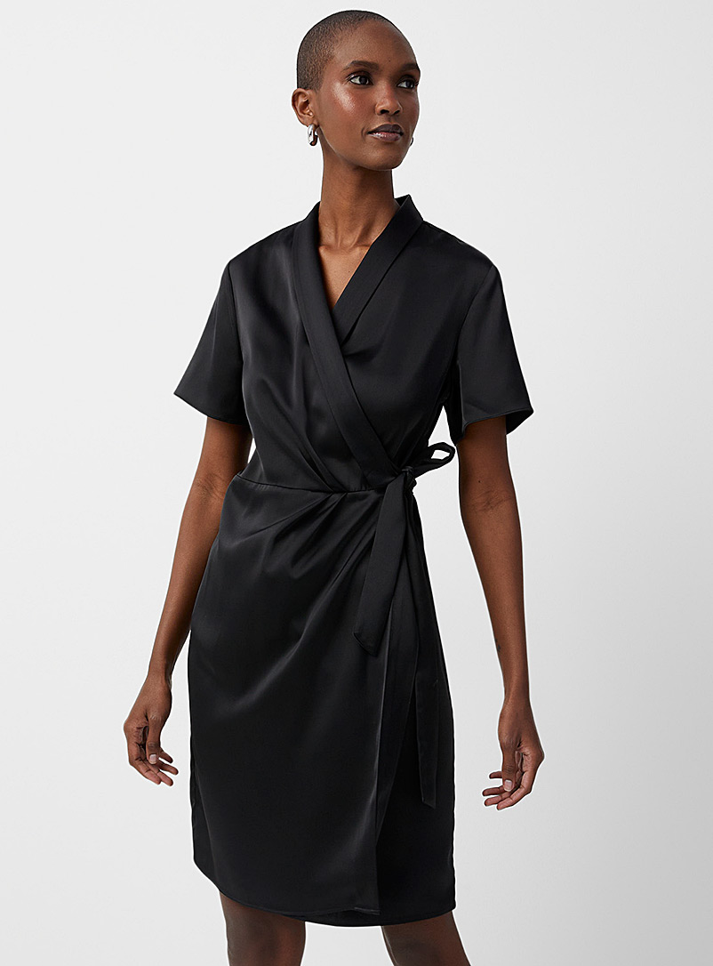 Contemporaine Black Satiny wrap dress for women