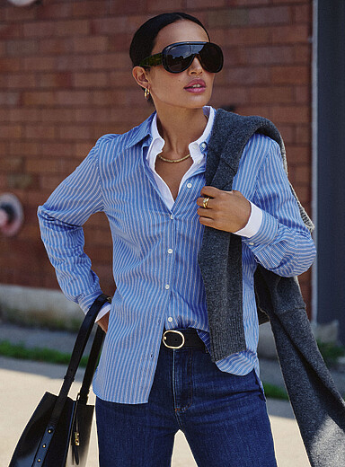 Contemporaine: La chemise popeline extensible ray&eacute;e Bleu p&acirc;le - Bleu ciel pour femme