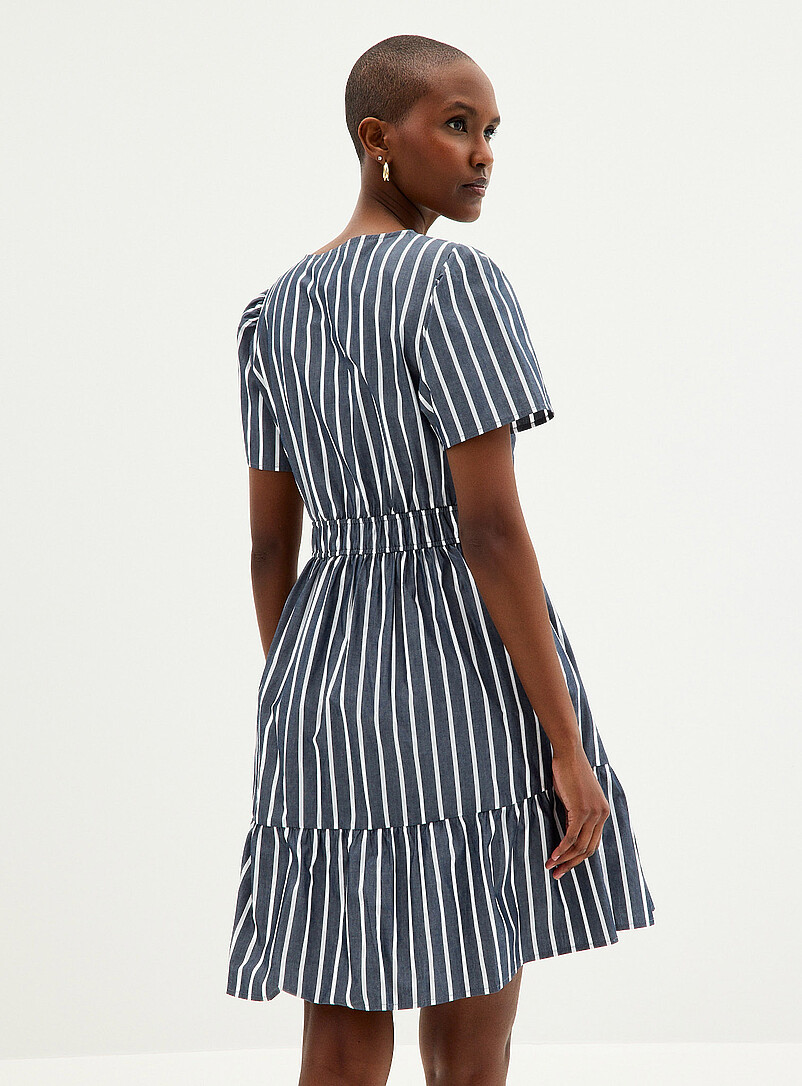 Contemporaine: La robe popeline &eacute;tag&eacute;e rayures verticales Bleu &agrave; motifs pour femme