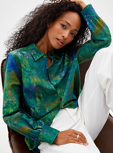 Contemporaine Patterned Green Impressionist cotton-silk shirt <b>A Tribute to Claude Monet Collection</b> for women