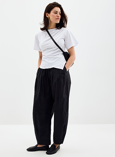 Contemporaine: Le pantalon ballon popeline taille &eacute;lastique <b>Coupe : jambe ballon, taille haute</b> Sable pour femme