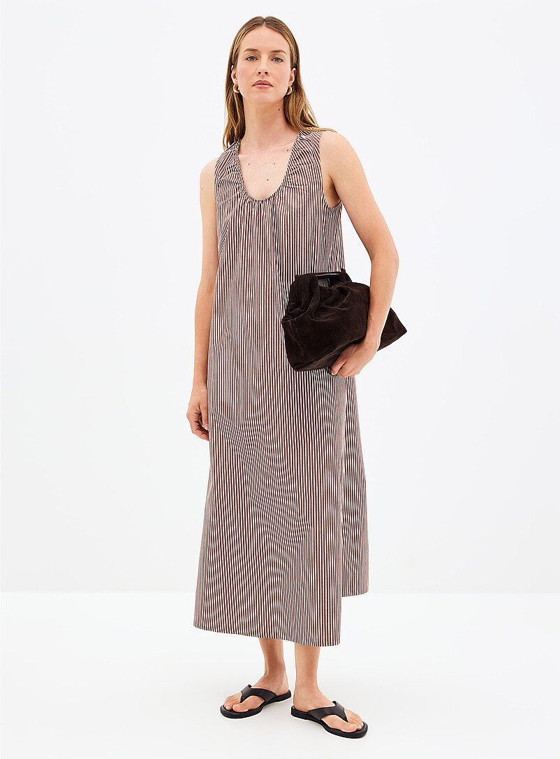 Contemporaine: La robe popeline ray&eacute;e col fronc&eacute; Brun &agrave; motifs pour femme