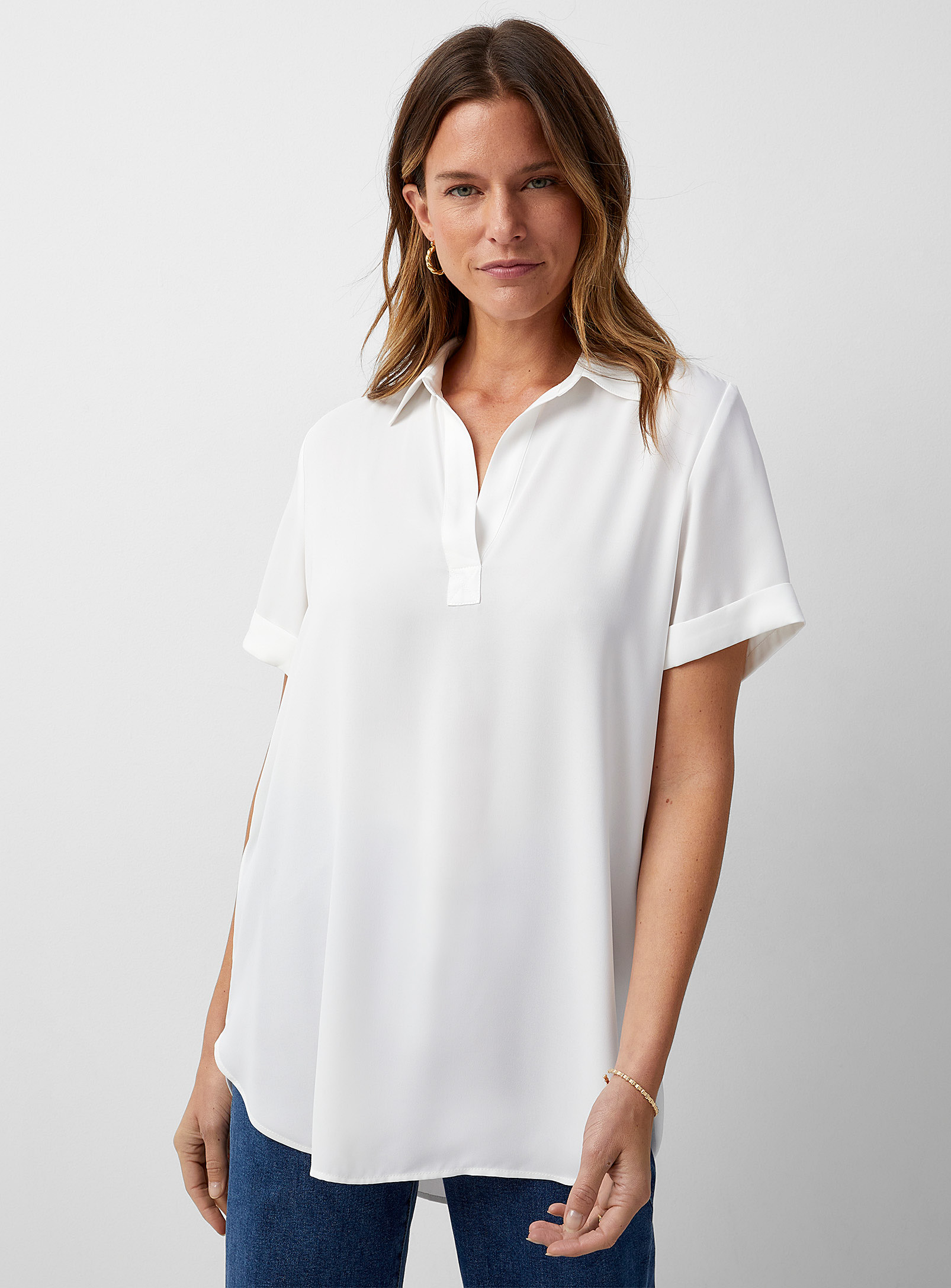 Contemporaine Fluid Johnny-collar Tunic In Ivory White