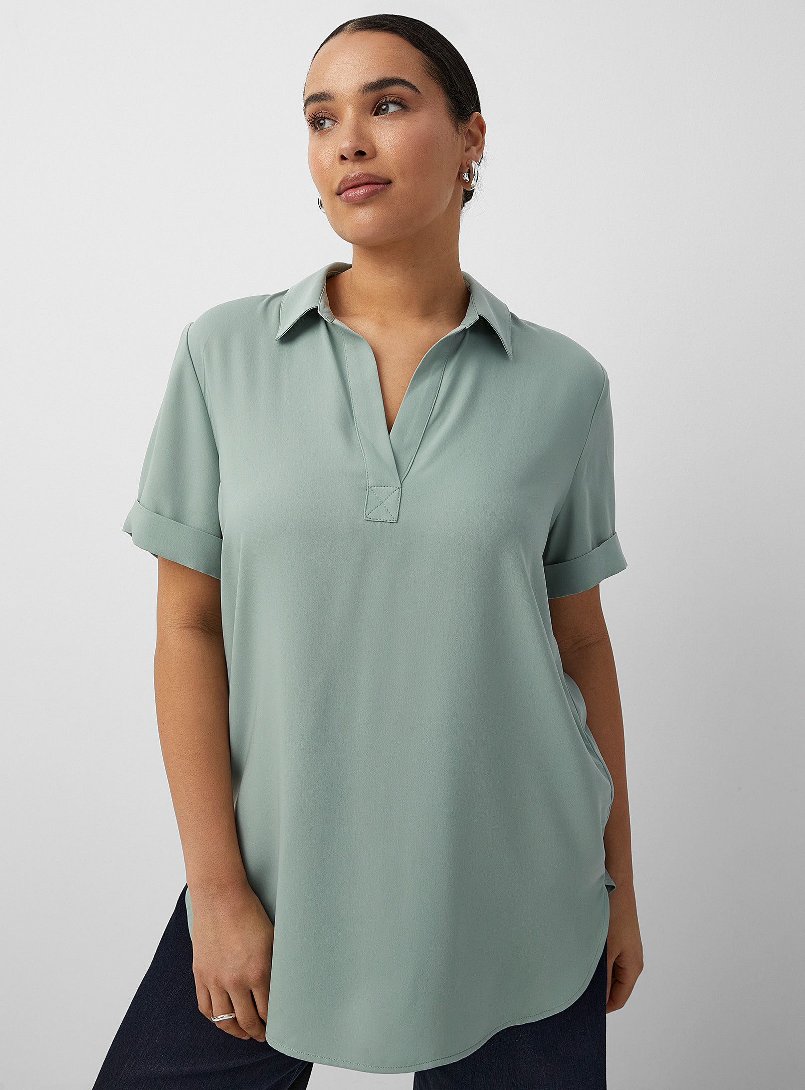 Contemporaine Fluid Johnny-collar Tunic In Lime Green