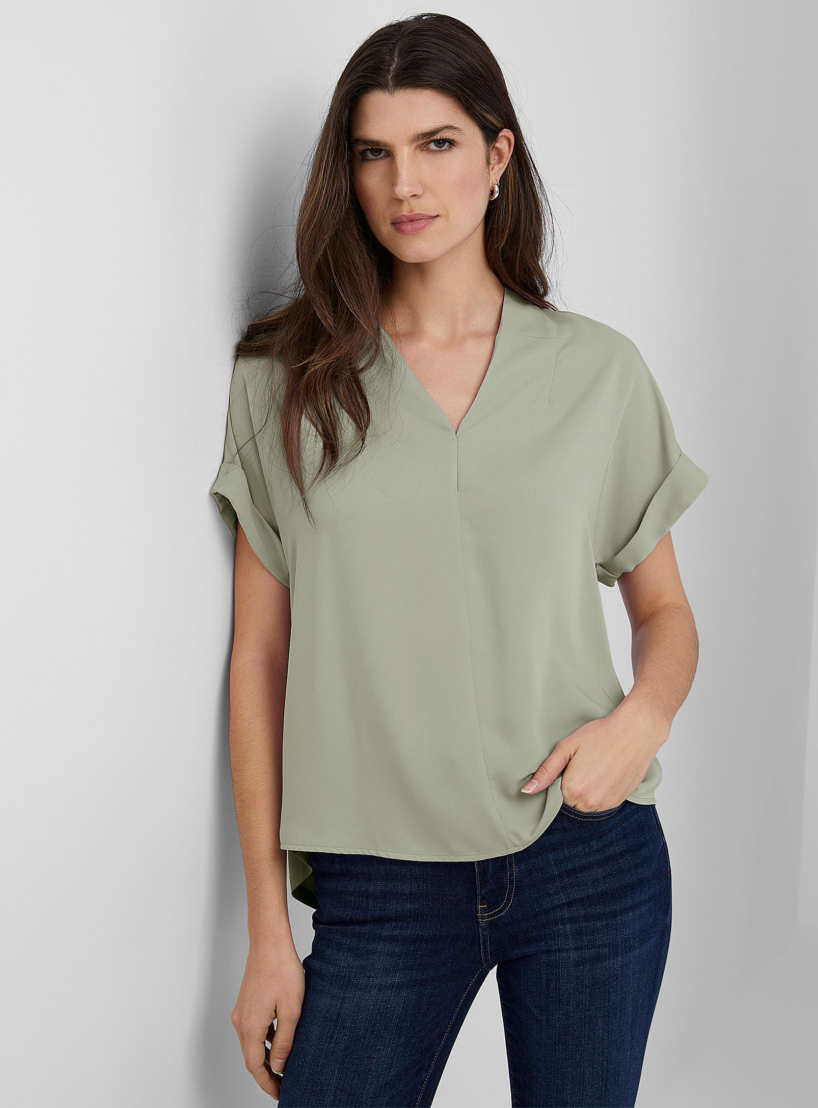 Contemporaine Cuffed-sleeve Fluid Blouse In Lime Green