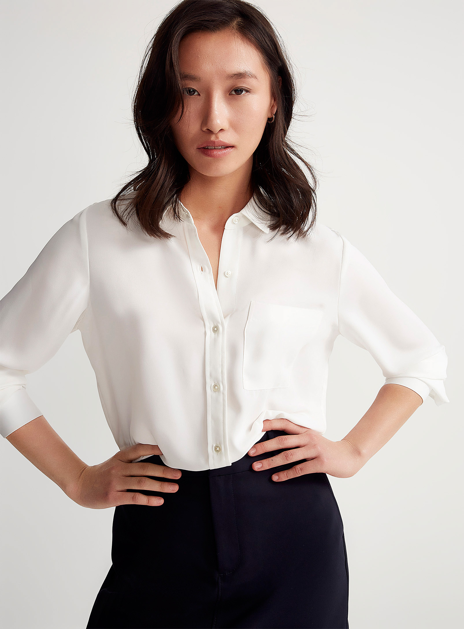 Contemporaine Patch Pocket Fluid Shirt In Ivory White