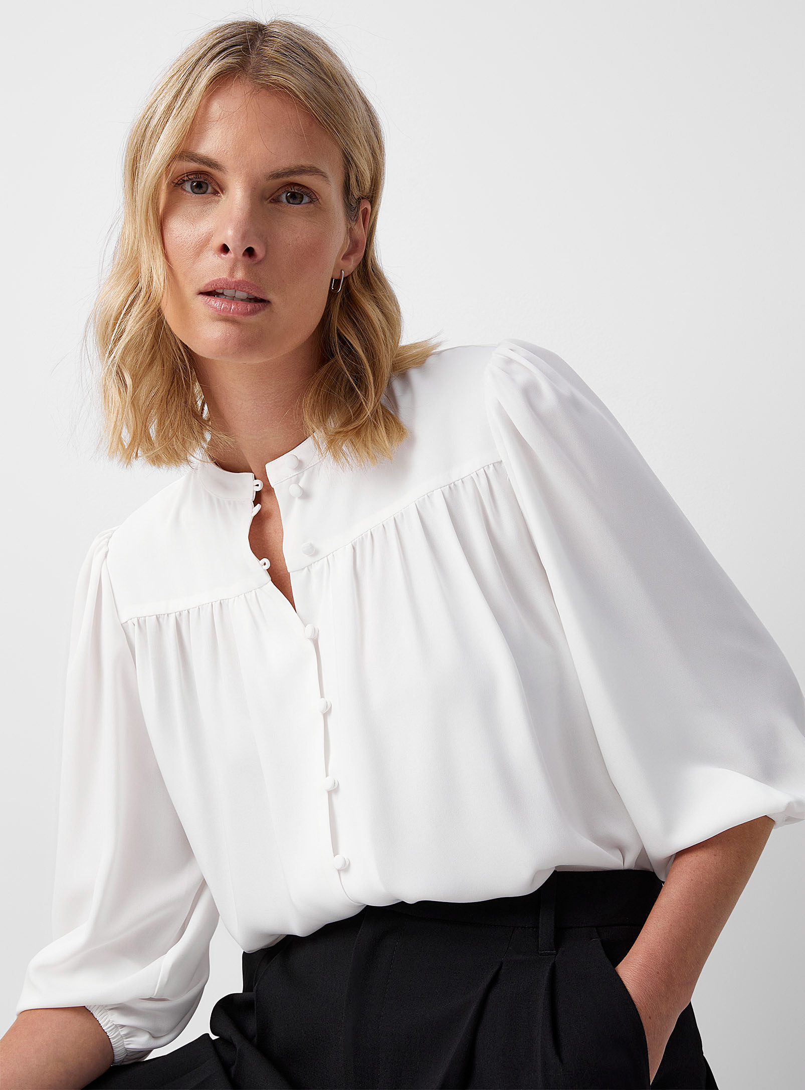 Contemporaine Puff-sleeve Ruched Blouse In Ivory White | ModeSens