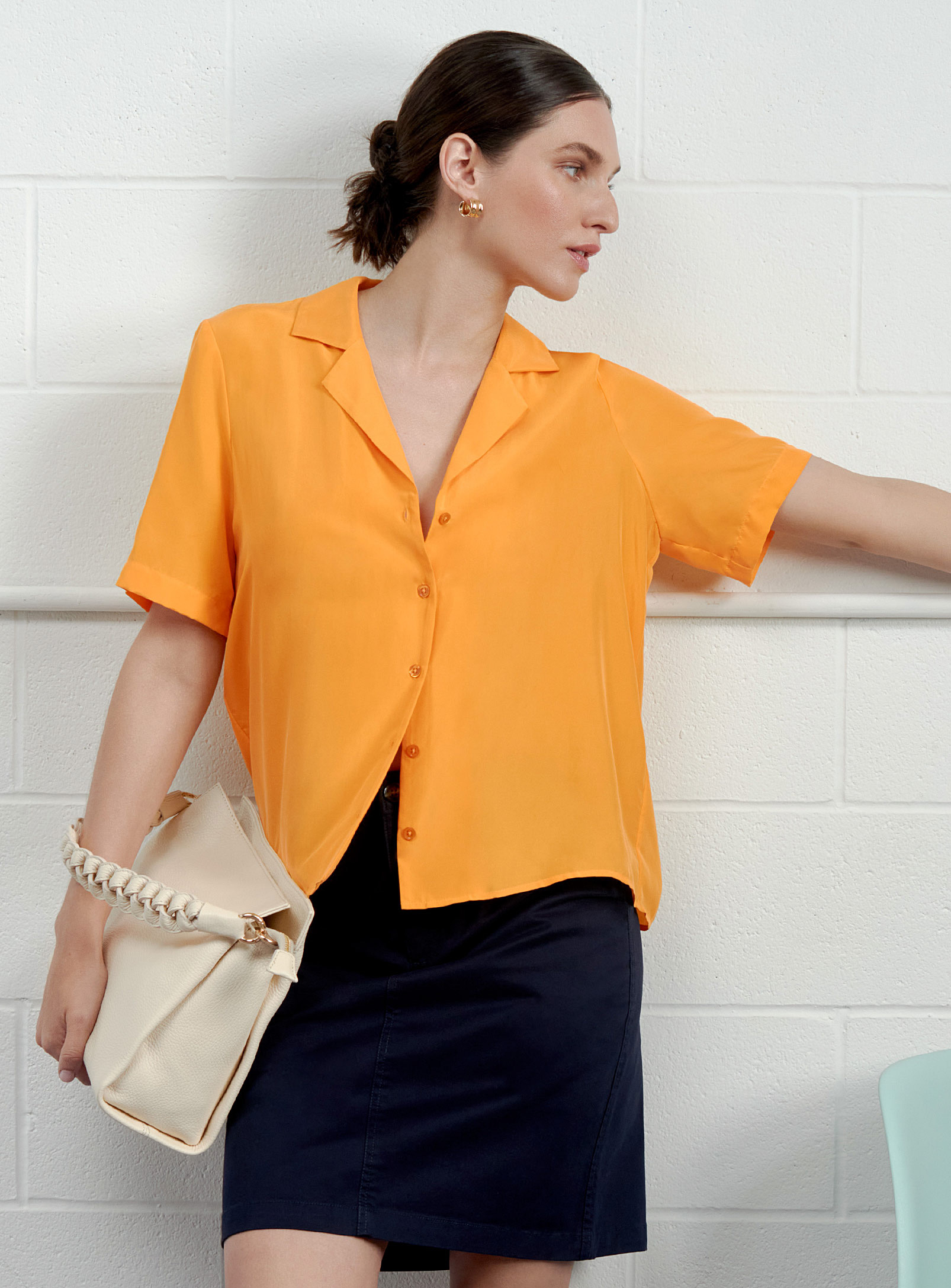 Contemporaine Pure Silk Open-collar Shirt In Medium Orange