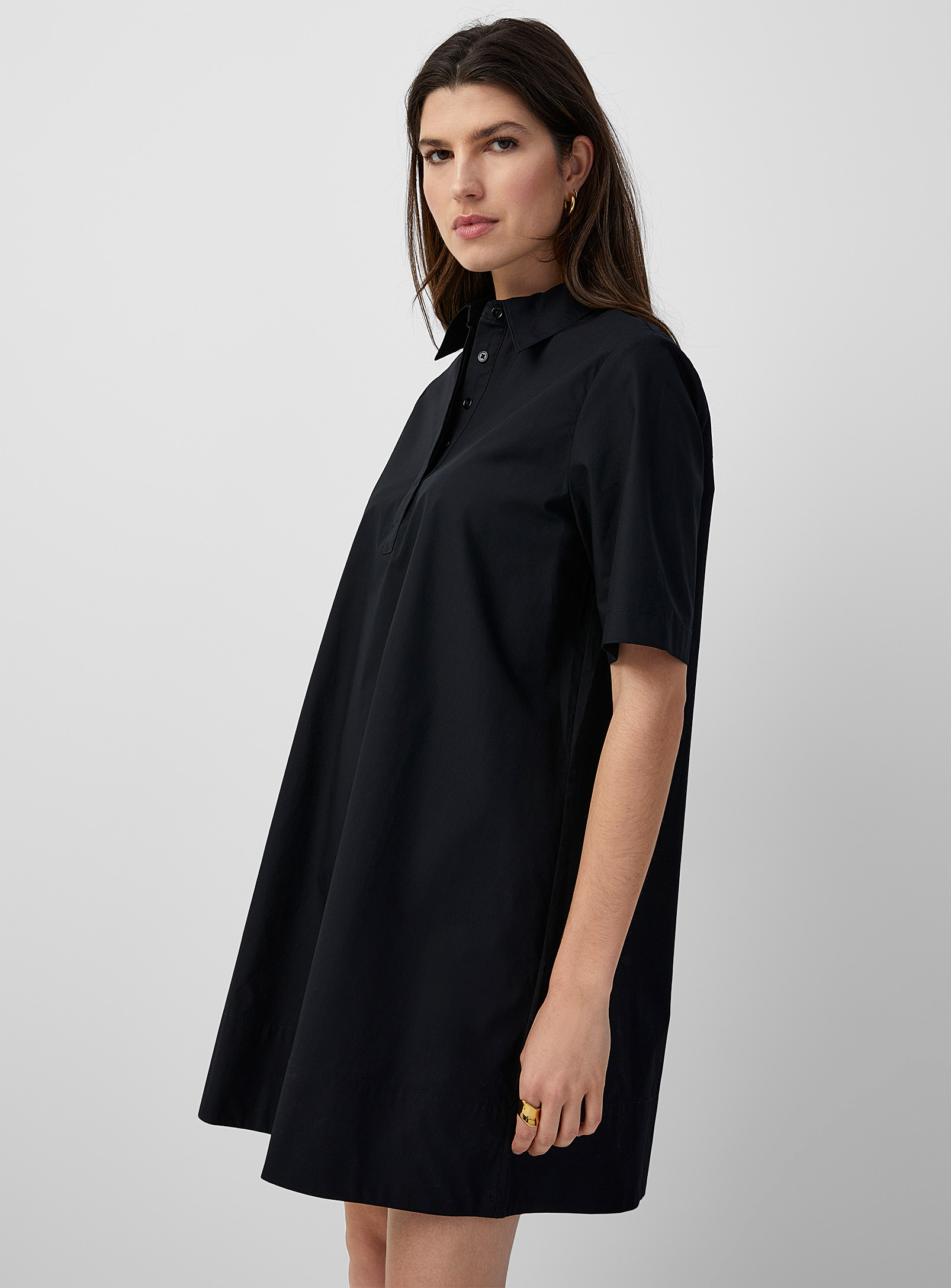 Contemporaine Shirt-collar Poplin Trapeze Dress In Black