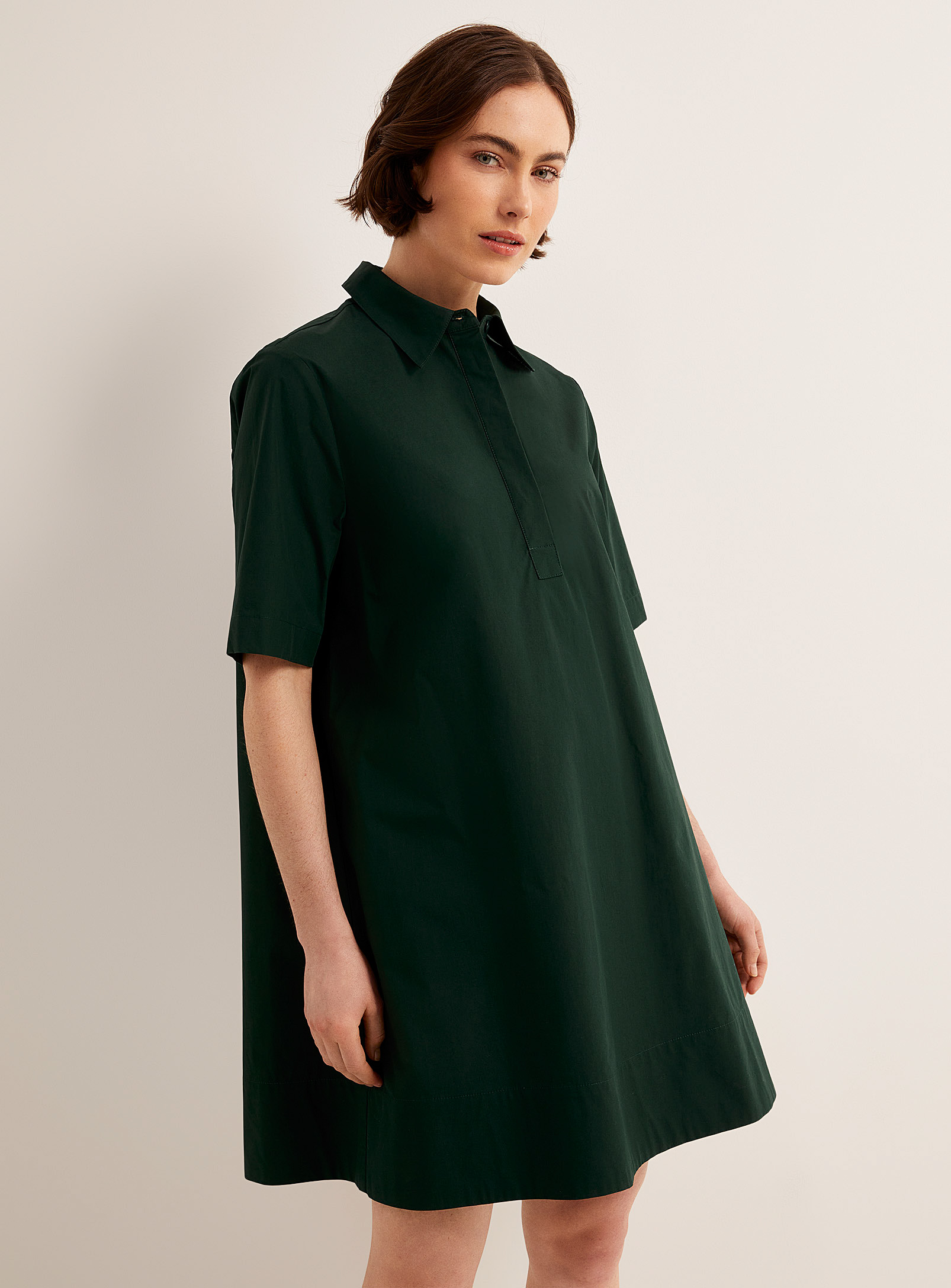 Contemporaine Shirt-collar Poplin Trapeze Dress In Mossy Green