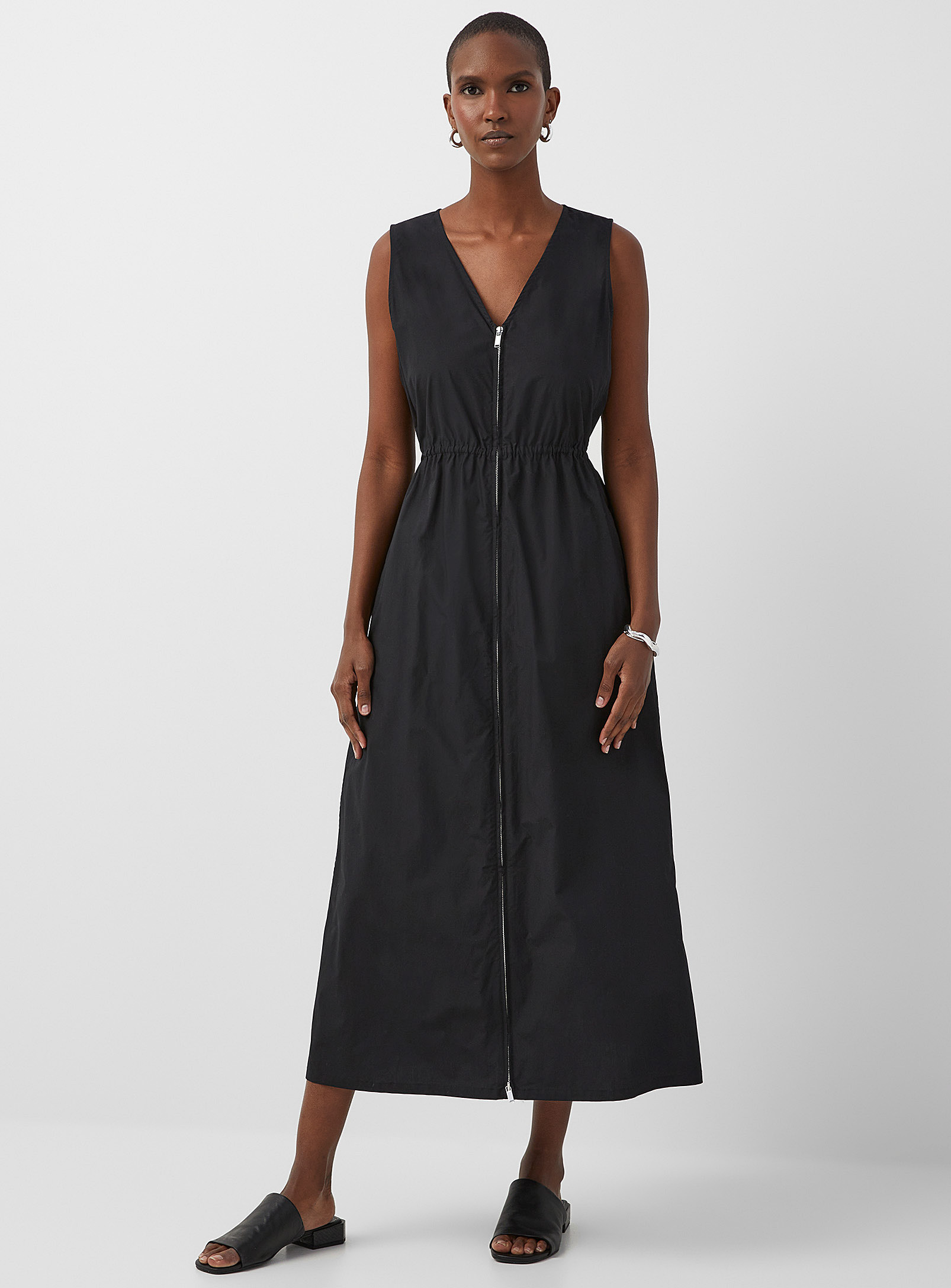 Contemporaine Cinched-waist Zip-up Poplin Dress In Black