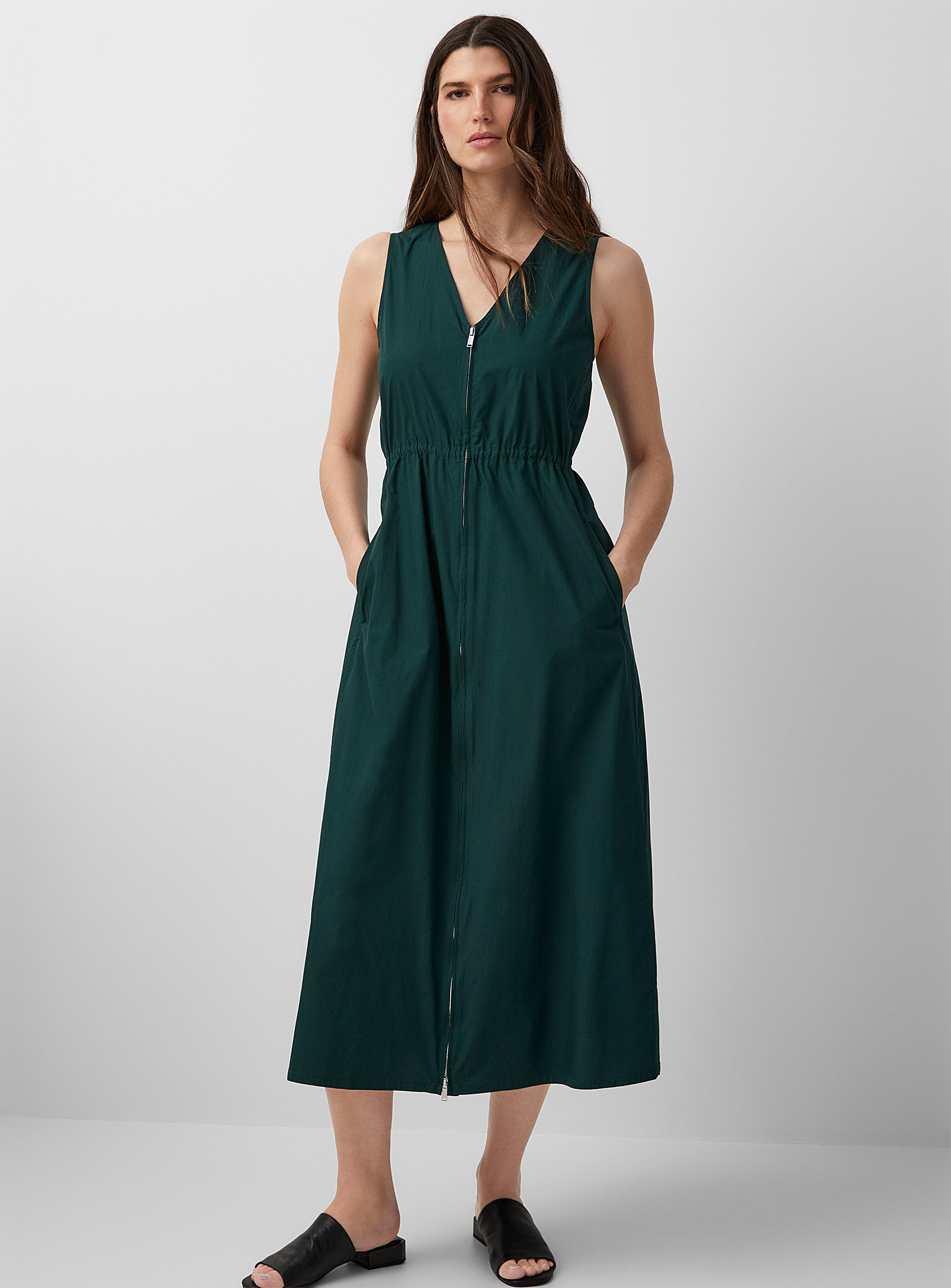 Contemporaine Cinched-waist Zip-up Poplin Dress In Mossy Green