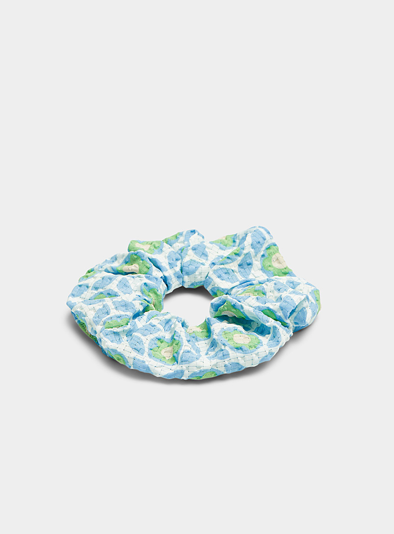 Simons Patterned Blue Green pop flower scrunchie for women