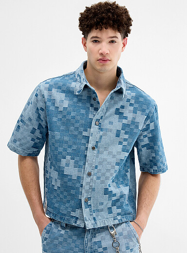 Pixelated checkerboard denim shirt
