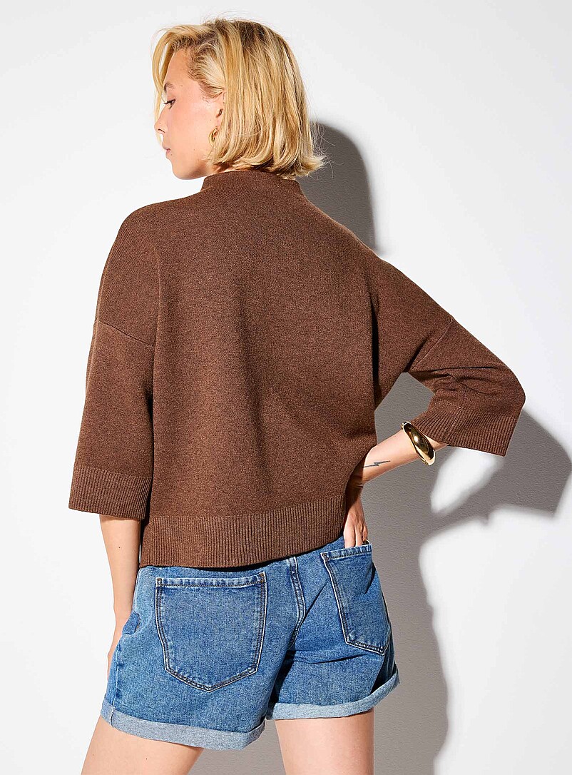 Ic&ocirc;ne Ecru/Linen 3/4-sleeve mock-neck sweater for women