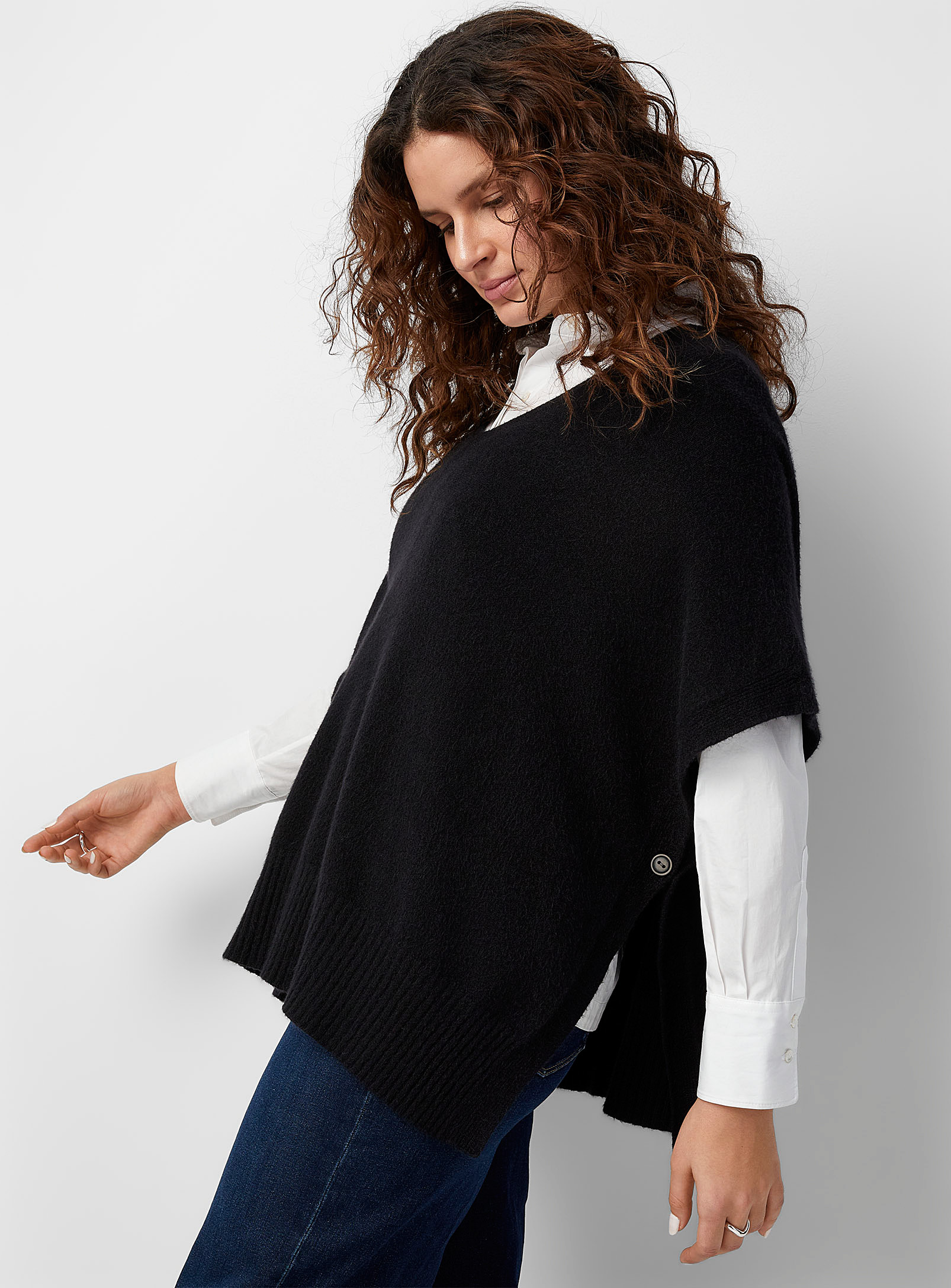 Contemporaine Side Buttons Poncho Sweater In Black