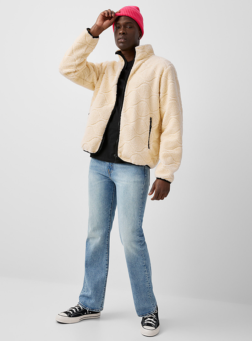 Le 31 Cream Beige Etched sherpa cardigan for men