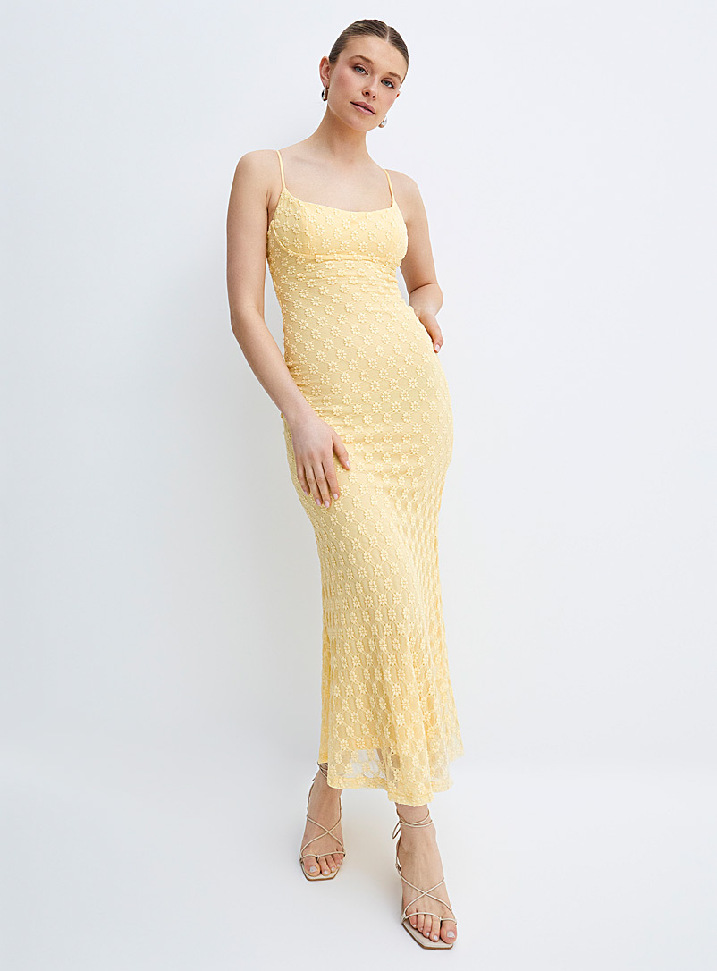 Spring yellow floral lace maxi dress, Bardot, Sundress