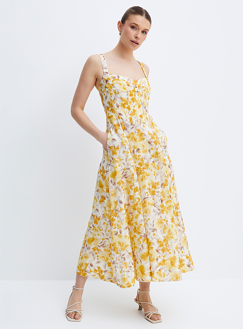 Bardot: La robe bustier fleurs ensoleillées Jaune à motifs pour femme